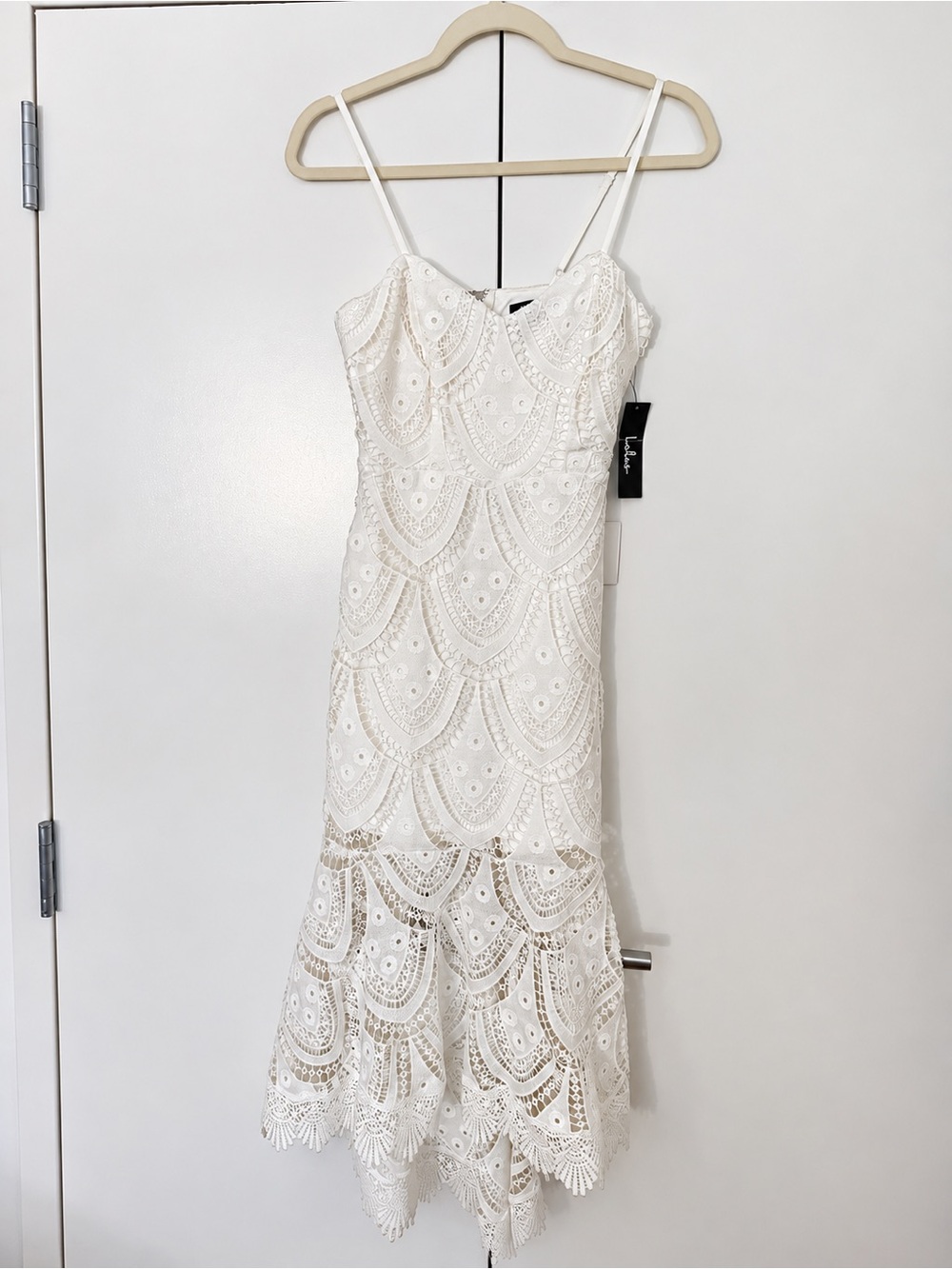 Lulu's White Lace Spaghetti-Strap Midi Dress with Scallop Detail